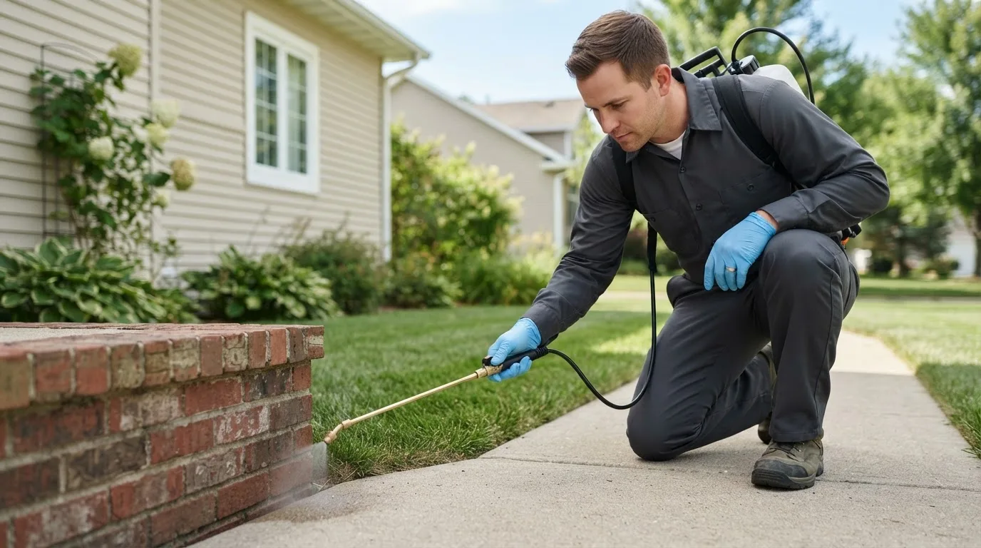 Pest control technician treating a home near Owosso, MI