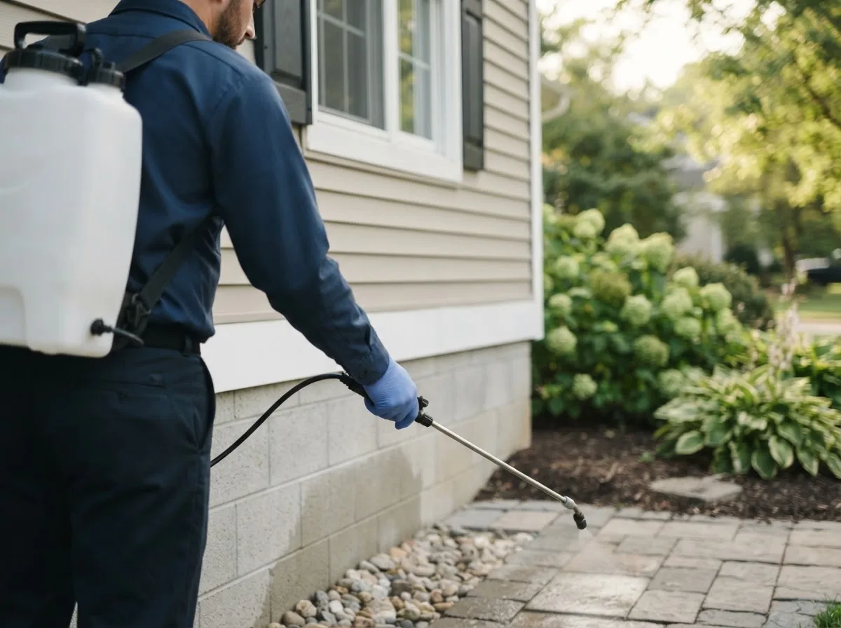 Pest control technician inspecting a home in Owosso, MI